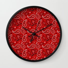 Black and White Paisley Pattern on Red Background Wall Clock