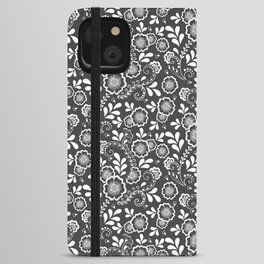 Dark Grey And White Eastern Floral Pattern iPhone Wallet Case