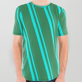 [ Thumbnail: Aqua & Sea Green Colored Striped Pattern All Over Graphic Tee ]