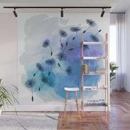 Blue Dandelion Seeds on Watercolor Wall Mural