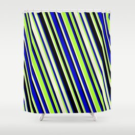 [ Thumbnail: Blue, Light Green, Beige & Black Colored Lines/Stripes Pattern Shower Curtain ]