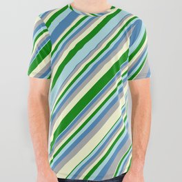[ Thumbnail: Eye-catching Blue, Dark Gray, Light Yellow, Green, and Powder Blue Colored Lined Pattern All Over Graphic Tee ]