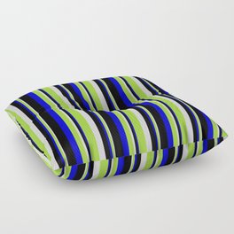 [ Thumbnail: Light Grey, Green, Blue & Black Colored Lined Pattern Floor Pillow ]
