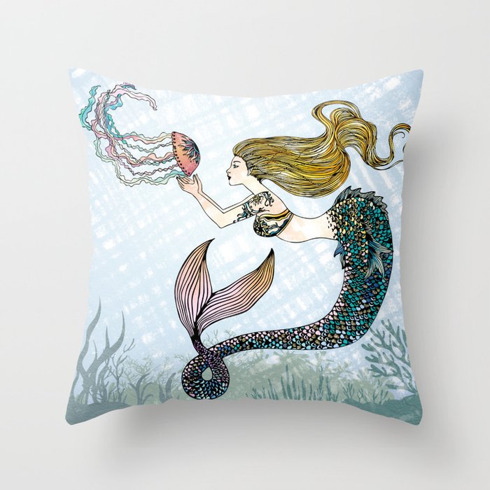 Jellyfish and Mermaid Throw Pillow