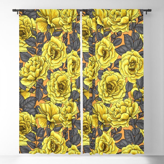 Yellow roses with dark gray leaves on orange Blackout Curtain