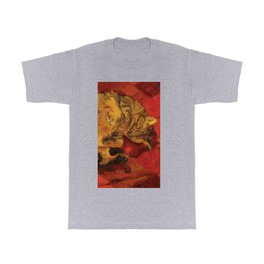 Tabby Cat Sleeping Animal Oil Painting in Vibrant Red Brown Yellow Impressionist Bright Colour T Shirt | Catpainting, Brightcolour, Catlyingonback, Cutepainting, Oilpainting, Cutecatpainting, Colourfulcatart, Restingcat, Cheerfulpainting, Strippedcat 