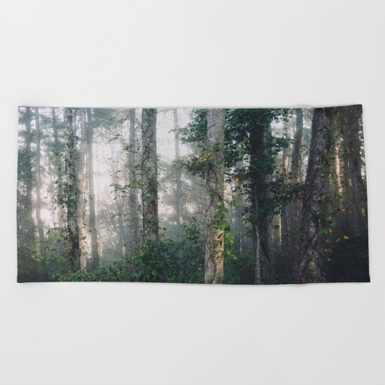 forest fog Beach Towel