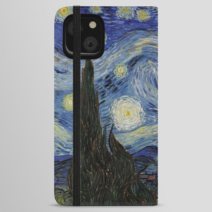 The Starry Night by Vincent van Gogh 1889 // Abstract Brush Stroke Detail Mountains Stars City Scene iPhone Wallet Case