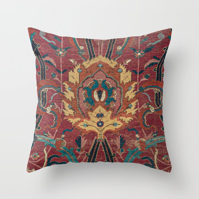 Flowery Arabic Rug II // 17th Century Colorful Plum Red Light Teal Sapphire Navy Blue Ornate Pattern Throw Pillow