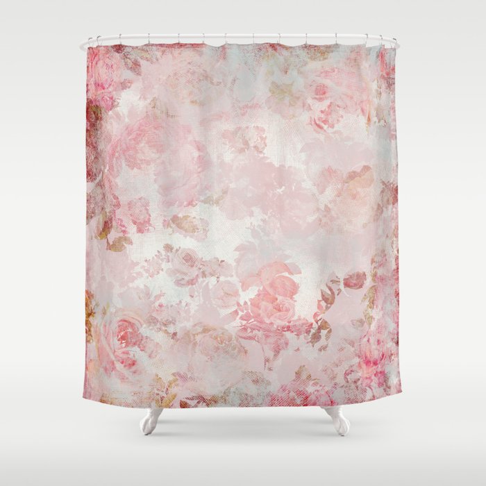 Vintage Floral Rose Roses painterly pattern in pink Shower Curtain