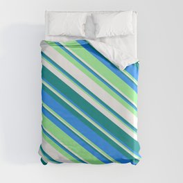 [ Thumbnail: Dark Cyan, Blue, Green & White Colored Striped Pattern Duvet Cover ]