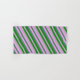 [ Thumbnail: Forest Green, Dark Gray, Plum, and Slate Gray Colored Stripes/Lines Pattern Hand & Bath Towel ]