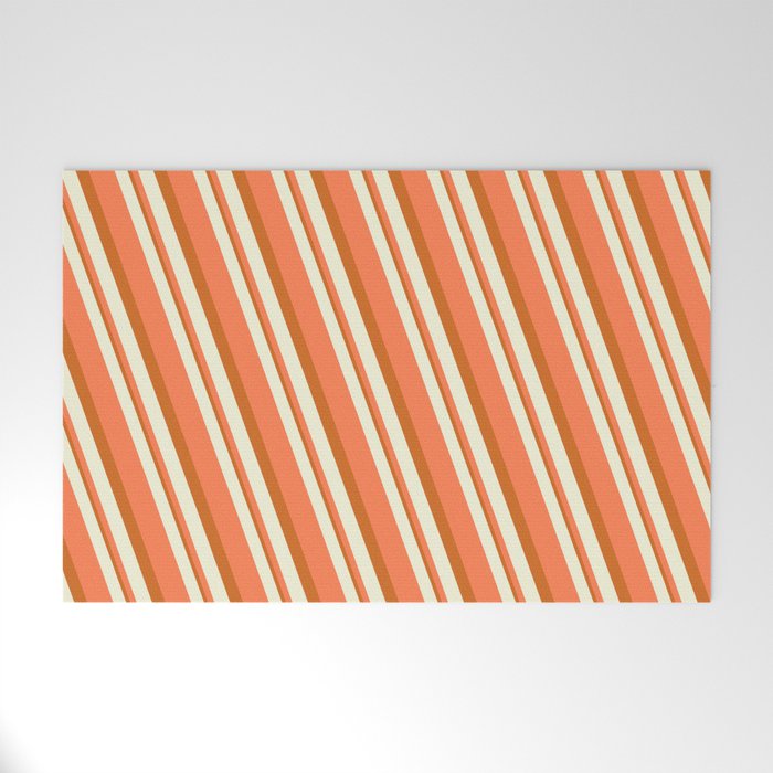 Beige, Coral & Chocolate Colored Stripes Pattern Welcome Mat