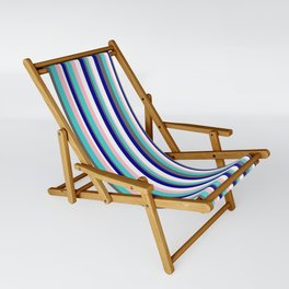 [ Thumbnail: Eye-catching Dark Blue, Dim Gray, Turquoise, Pink, and White Colored Lined/Striped Pattern Sling Chair ]
