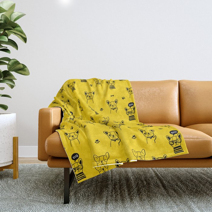 Yellow and Black Hand Drawn Dog Puppy Pattern Throw Blanket