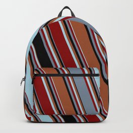 [ Thumbnail: Sienna, Light Blue, Dark Red, Light Slate Gray, and Black Colored Pattern of Stripes Backpack ]