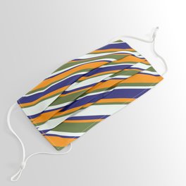 [ Thumbnail: Midnight Blue, Dark Orange, Dark Olive Green, and Mint Cream Colored Pattern of Stripes Face Mask ]