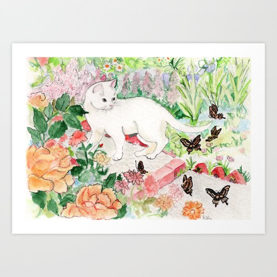 White Cat in a Garden Art Print