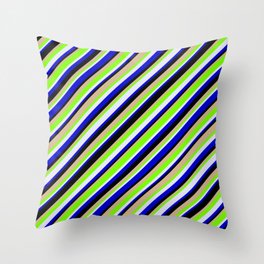 [ Thumbnail: Eye-catching Green, Lavender, Blue, Black, and Tan Colored Lined/Striped Pattern Throw Pillow ]