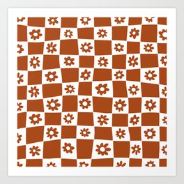 Hand Drawn Checkered Daisy Pattern (burnt orange/white) Art Print