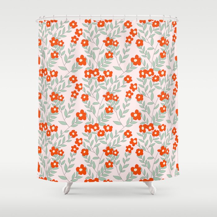 Sweet red floral seamless pattern design with mint green leaves on pink  Shower Curtain