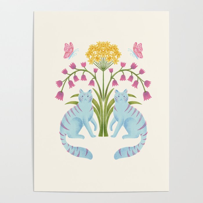 Fantastic Blue Cats & Flowers Poster