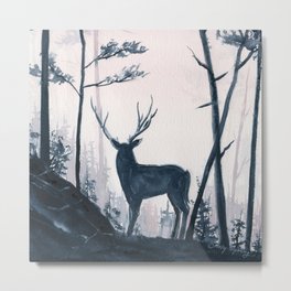 Silhouette Metal Print | Silhouette, Hiking, Watercolor, Decor, Illustration, Landscape, Gift, Hunting, Stag, Animal 
