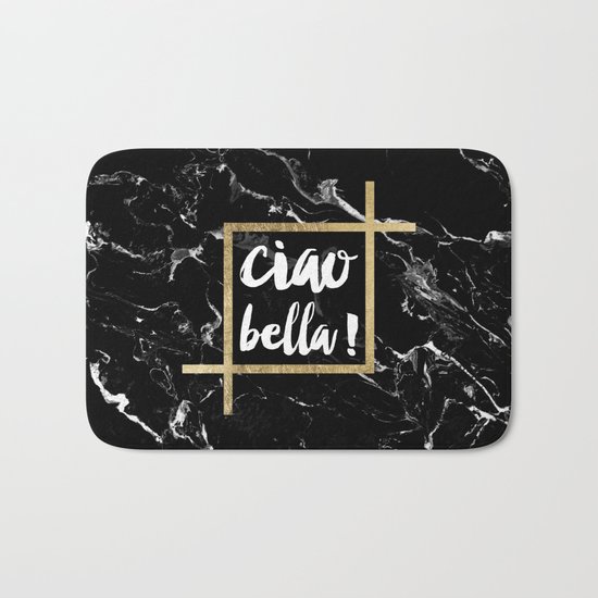 Modern elegant typography Ciao Bella gold leaf black marble Bath Mat