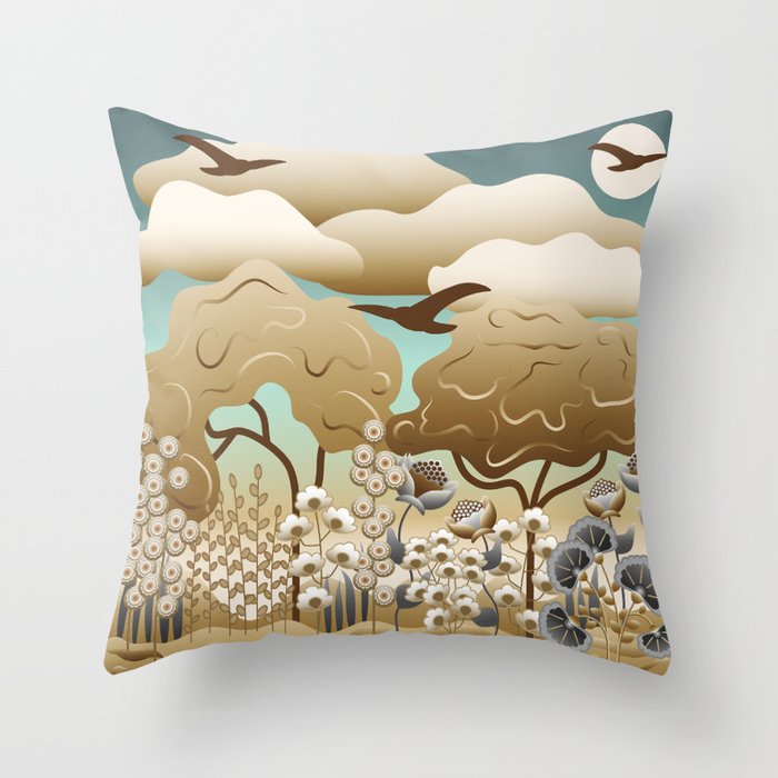 Mid Century Modern Landscape Nature Scene // Trees, Flowers, Birds and Clouds // Teal, Turquoise, Brown, Cream, Gray Throw Pillow