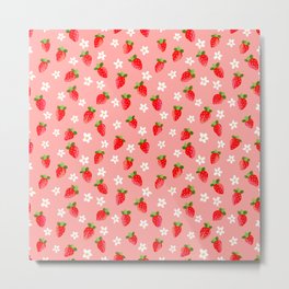 Strawberry Pattern- Pink Background Metal Print