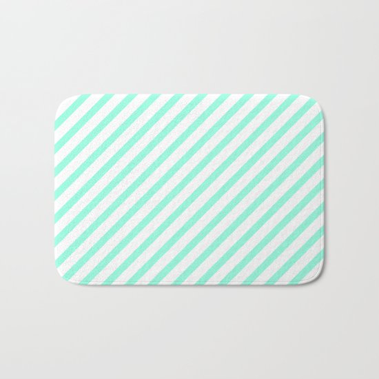 Elegant Mint & White Diagonal Stripes Bath Mat