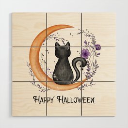 Happy Halloween cat in moon silhouette Wood Wall Art