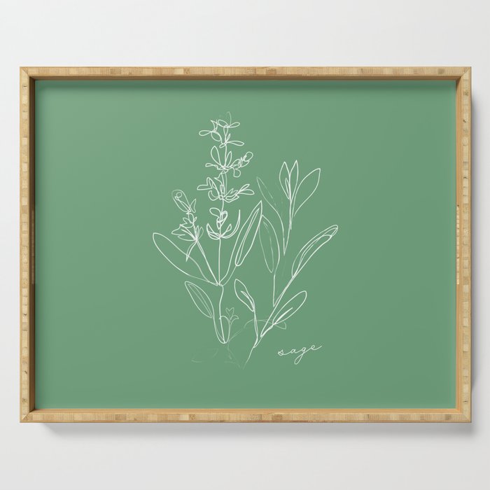 Sage - One Line Drawing Art Design Herbs on Green Serving Tray