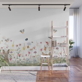 Birds, butterflies and a cute hare in a wildflower meadow | Wall Mural