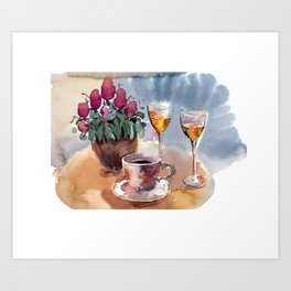 Romantic meeting. Round table of a street cafe with a cup of coffee, liqueur and flowers in a pot  Art Print