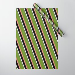 [ Thumbnail: Eyecatching Green, Light Coral, Black, Beige, and Dark Blue Colored Lined/Striped Pattern Wrapping Paper ]