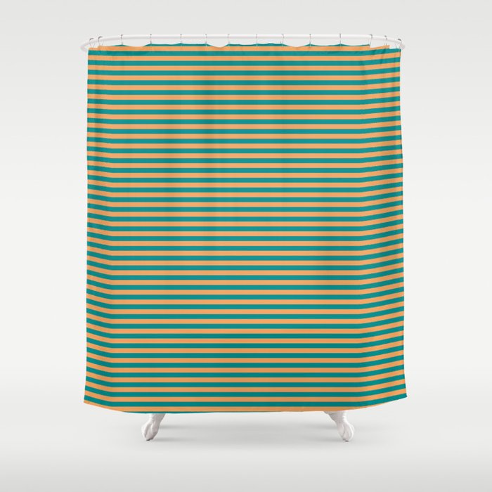 Brown & Dark Cyan Colored Lined Pattern Shower Curtain