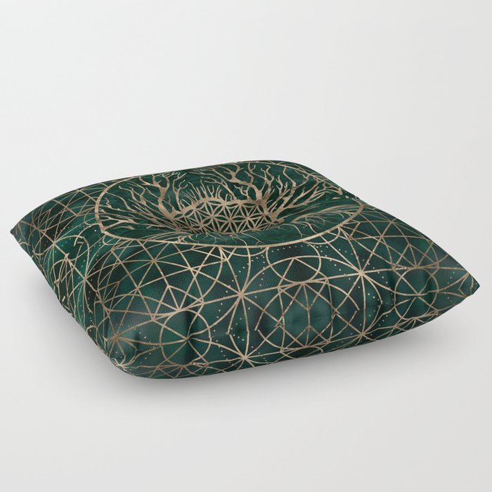 Flower of Life in Tree of life Malachite and Gold Floor Pillow