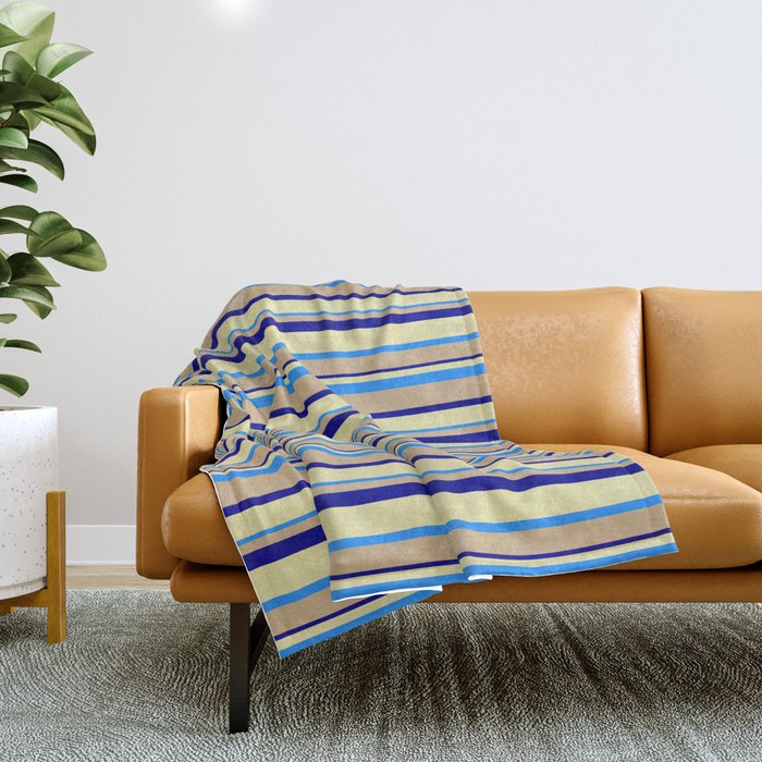Tan, Dark Blue, Pale Goldenrod & Blue Colored Lined Pattern Throw Blanket