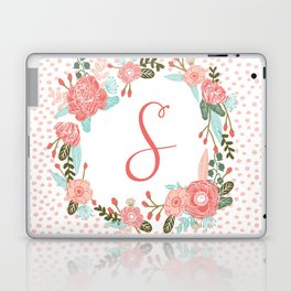 Monogram S - cute girls coral florals flower wreath, coral florals, baby girl, baby blanket Laptop & iPad Skin
