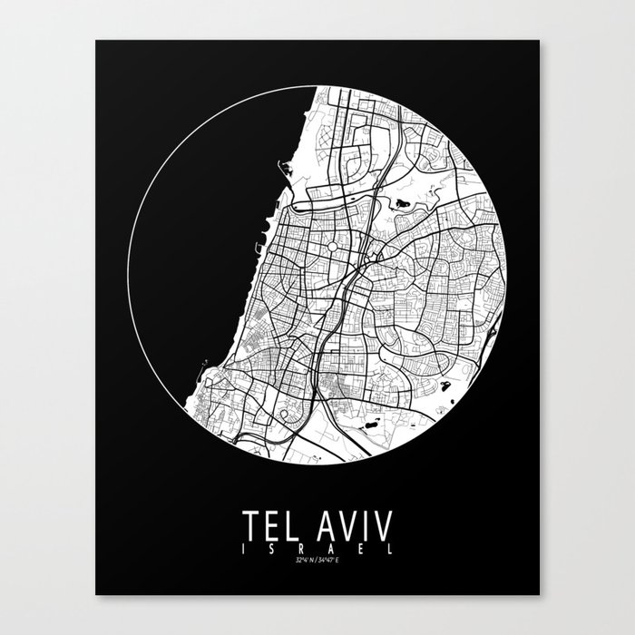 Tel Aviv City Map of Israel - Black Circle Canvas Print by deMAP Studio ...
