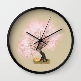 Fox Sleeping Under Cherry Blossoms Wall Clock