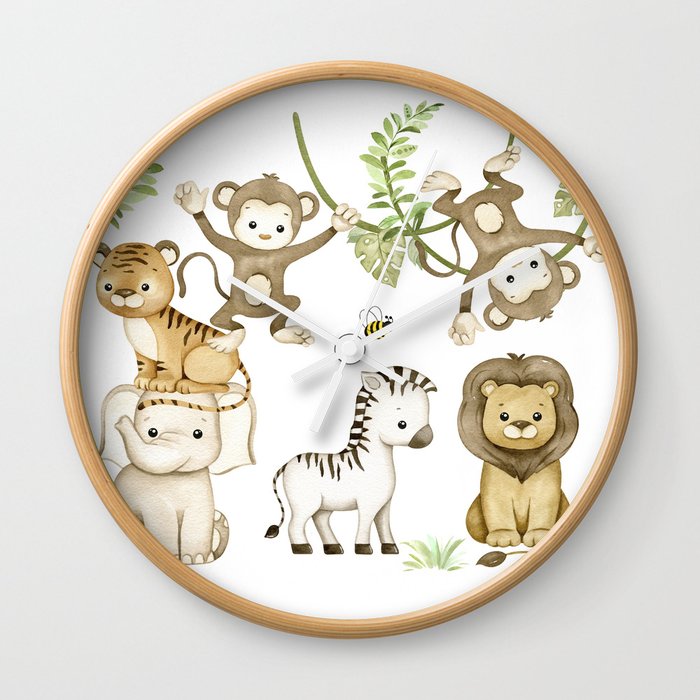 Watercolor Safari Jungle Animals  Wall Clock