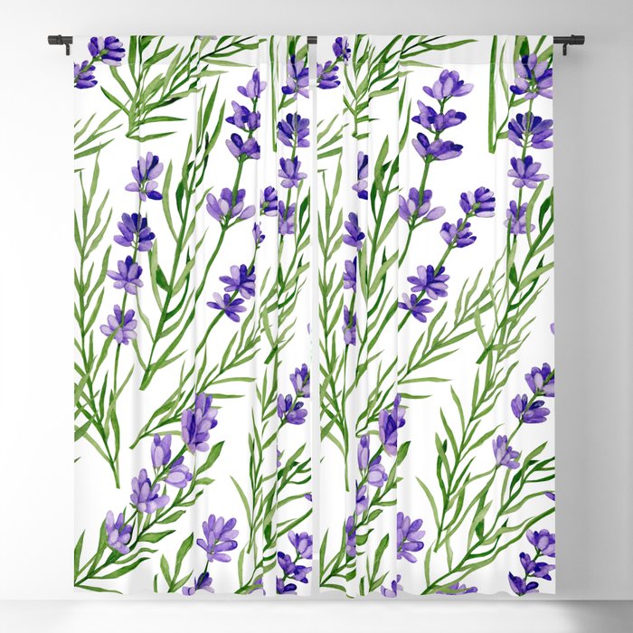Watercolour hand drawn branches of lavender on a white background. Blackout Curtain