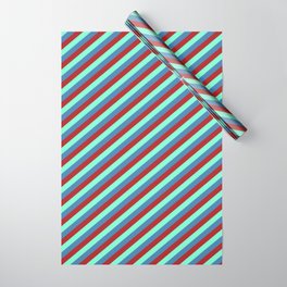 [ Thumbnail: Aquamarine, Blue & Red Colored Lined/Striped Pattern Wrapping Paper ]
