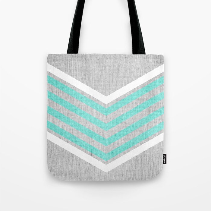 Teal and White Chevron on Silver Grey Wood Tote Bag