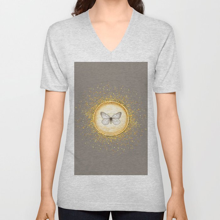Hand-Drawn Butterfly Gold Circle Pendant on Pastel Brown V Neck T Shirt