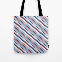 [ Thumbnail: Red, Light Sky Blue, Dark Slate Gray, and Lavender Colored Pattern of Stripes Tote Bag ]