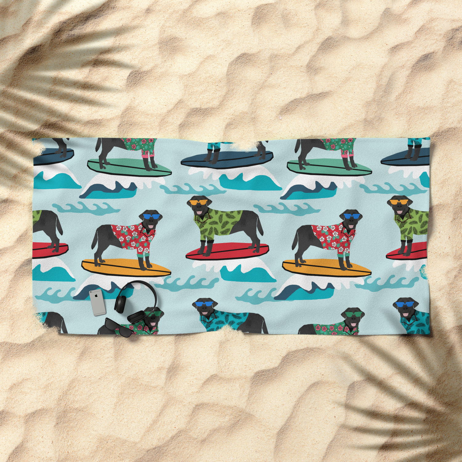 Black Labrador Surfing Dog Breed Pattern Beach Towel By Lablife