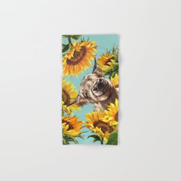 Highland Cow with Sunflowers in Blue Hand & Bath Towel
